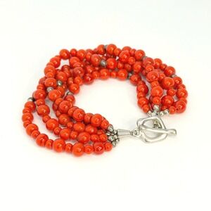 Beautiful Genuine Red Coral Bead Multi-strand Sterling Silver Toggle Bracelet